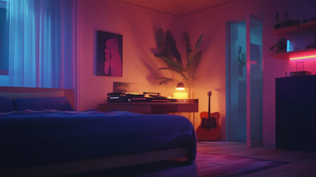 A serene bedroom showcasing artistic lighting and vibrant colors, featuring a guitar, palm plant, and modern furniture, creating a perfect atmosphere for relaxation and creativity.の素材