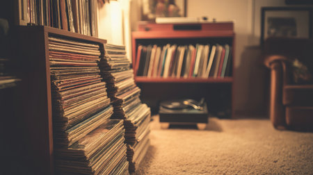 A cozy living room scene featuring a shelf filled with vinyl records, a turntable, and soft carpet under warm lighting, creating an inviting atmosphere for music enthusiasts.の素材