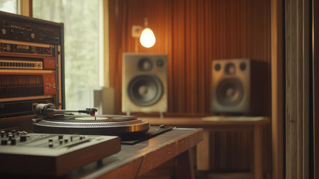 A beautifully arranged scene featuring a vintage turntable and retro audio gear, creating a cozy and nostalgic atmosphere perfect for music lovers and enthusiasts.の素材