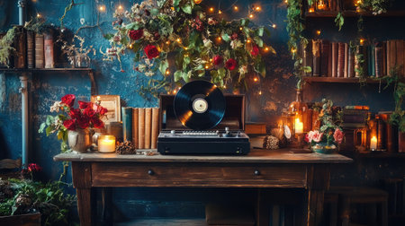 A charming vintage record player sits on a rustic wooden table, surrounded by vibrant flowers, books, and soft lighting, creating a cozy and inviting atmosphere.の素材