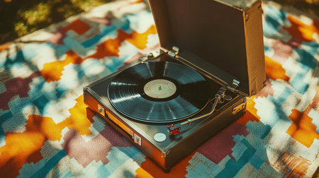 A stylish vintage record player rests on a vibrant outdoor blanket, capturing the essence of nostalgia and music enjoyment in a serene nature setting.の素材