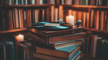 A vintage turntable sits atop a stack of books, illuminated by soft candlelight in a cozy library, creating a perfect atmosphere for music and reading enthusiasts.の素材