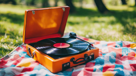 A vintage portable turntable rests on a colorful checkered blanket in a sunny park, playing vinyl records while surrounded by greenery, evoking a nostalgic and relaxed atmosphere.の素材