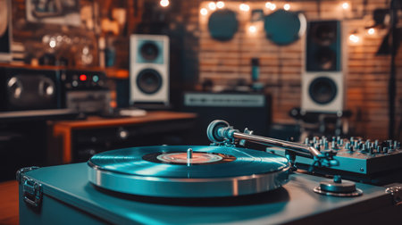 A captivating view of a vintage record player in a stylish music studio, surrounded by warm lights and classic audio equipment, encapsulating a nostalgic atmosphere for music lovers.の素材