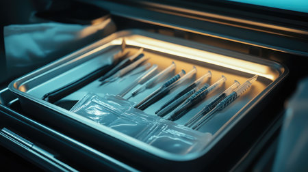 Detailed view of a metal tray holding various surgical tools in a lit environment, showcasing organization and readiness for medical procedures in a healthcare setting.の素材