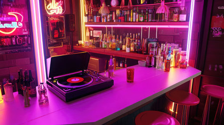 This image showcases a trendy bar filled with bright neon lights, an old-school turntable, and various colorful drinks, perfect for a lively nightlife setting.の素材