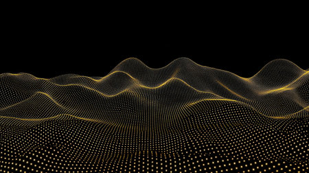 This abstract image features illuminated waves and curves created from a network of bright dots, set against a stark black background, perfect for innovative designs.の素材