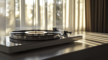 A sleek turntable rests on a minimalist surface, illuminated by soft sunlight that streams through sheer curtains, creating a warm and inviting atmosphere perfect for listening to vinyl records.の素材