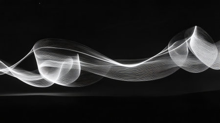 Captivating abstract art featuring swirling light waves against a black background, creating elegant patterns that inspire modern aesthetics and artistic expression.の素材