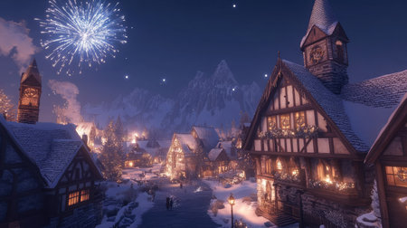 A charming winter village scene at night, adorned with brilliant fireworks and surrounded by snow-covered mountains, perfect for capturing holiday magic and tranquility.の素材
