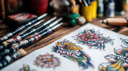 A beautifully arranged workspace featuring vibrant tattoo designs on paper, surrounded by various art supplies and brushes, perfect for artists seeking inspiration and creativity.の素材
