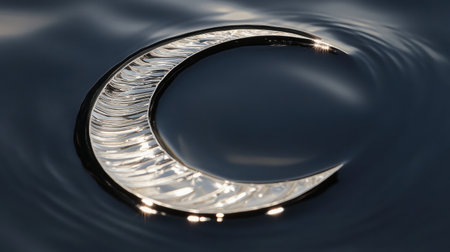 A stunning silver crescent moon shape elegantly floats on a smooth dark water surface, creating mesmerizing reflections and gentle ripples in a serene atmosphere.の素材