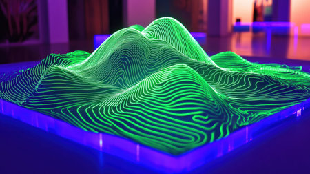 A stunning abstract 3D artwork depicting mountain ranges in vibrant neon green lines, creating an intriguing visual experience in a modern artistic setting.の素材