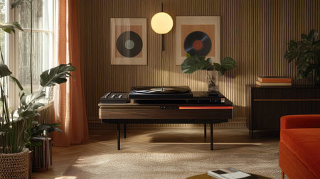 A beautifully designed living room featuring a modern turntable, vintage dの素材