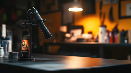 A vintage tattoo machine sits on a sleek workbench in a cozy studio, surrounded by colorful art supplies, showcasing an inviting atmosphere for creative expression.の素材