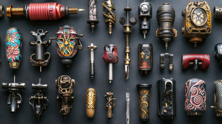 A captivating arrangement of tattoo machines and accessories, featuring intricate designs and vibrant colors, ideal for showcasing craftsmanship and artistry in body art.の素材