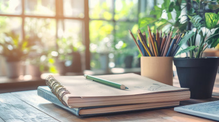 A serene workspace featuring a neatly arranged open notebook with a green pencil, surrounded by vibrant potted plants and warm sunlight, perfect for inspiration and creativity.の素材