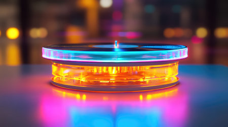 A captivating circular disc emits vibrant colors, creating an artistic display of light and reflection, perfect for themes of creativity and music in modern settings.の素材