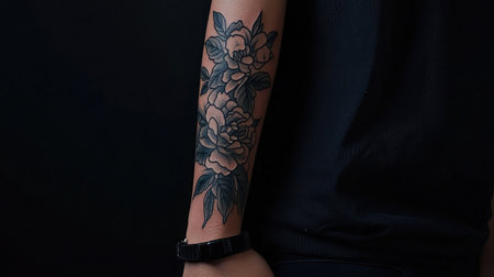 This image showcases an intricate black and grey floral tattoo on a forearm, emphasizing the artistry and detail in the design against a contrasting dark backdrop.の素材