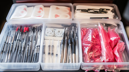 This image showcases a well-organized collection of art supplies in clear storage containers. Various brushes and tools are arranged neatly, perfect for creative projects.の素材