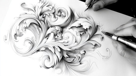 A stunning black and white sketch of a floral design featuring intricate swirls and flourishes, showcasing the artist's exceptional drawing skills with fine pens.の素材