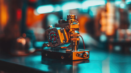 A striking close-up of a vintage tattoo machine showcasing intricate details, vibrant colors, and modern neon lighting, ideal for tattoo art and studio themes.の素材
