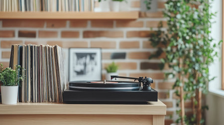 A vintage record player sits elegantly on a wooden table, surrounded by vinyl records and potted plants, enhancing the cozy, inviting atmosphere of a stylish living room.の素材