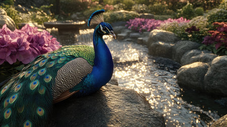 A majestic peacock rests gracefully near a sparkling waterfall adorned with vibrant flowers, showcasing stunning colors in a tranquil garden setting. Perfect for nature lovers.の素材
