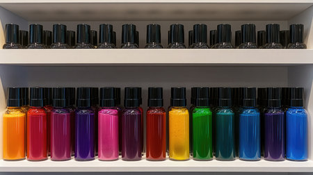A collection of colorful paint bottles arranged neatly on a shelf, showcasing a vibrant gradient of hues, ideal for artistic projects and creative crafts.の素材