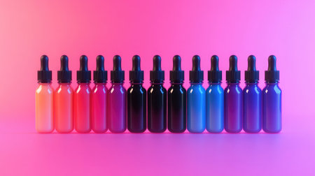 A captivating display of colorful glass droppers arranged in a gradient, showcasing a variety of liquid shades against a vibrant background, perfect for artistic and design projects.の素材