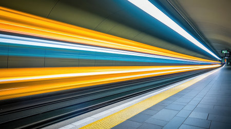 A stunning long exposure captures the dynamic motion of train lights in an urban subway station, illustrating the vibrant energy and speed of city travel and modern transport systems.の素材