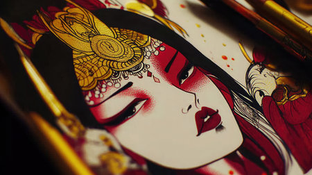 Explore the beauty of a detailed portrait featuring a mythical figure with striking makeup and an elaborate headdress, surrounded by artistic tools and vibrant colors.の素材