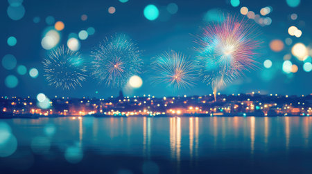 A stunning scene featuring colorful fireworks bursting in the night sky, reflected in calm water, surrounded by vibrant bokeh lights creating a festive atmosphere.の素材