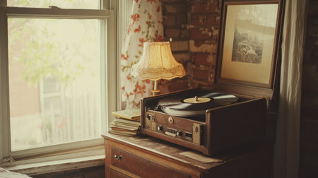 A vintage record player sits elegantly in a cozy bedroom, illuminated by warm light from a decorative lamp and framed by a charming window, creating a tranquil atmosphere.の素材
