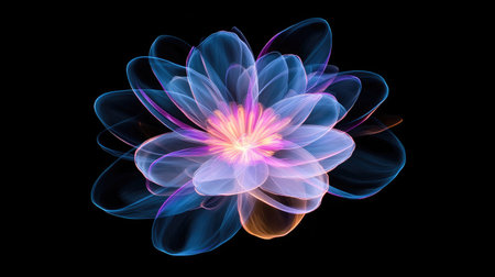 A captivating abstract flower design featuring soft light trails in vibrant colors on a black background, showcasing the beauty of nature blended with artistic expression.の素材