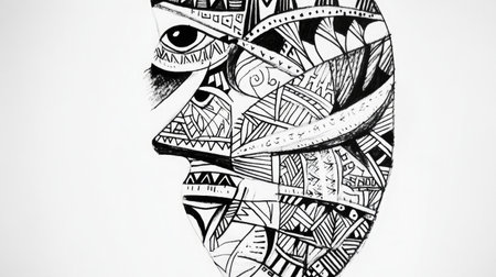 A stunning black and white illustration of a human face featuring elaborate patterns and geometric designs, showcasing creativity and modern artistic expression.の素材