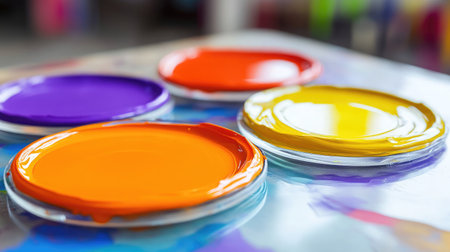 A close-up view of vibrant purple, orange, and yellow paints in clear containers on a colorful palette, ideal for artistic projects and creative inspiration.の素材