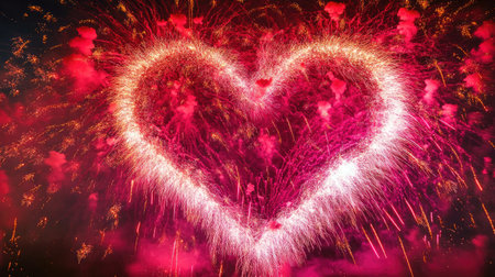 A stunning heart-shaped fireworks display lights up the night sky with vibrant colors, symbolizing love and celebration, perfect for romantic occasions and festive events.の素材