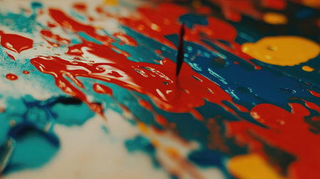 A stunning close-up of vibrant paint swirling on a textured surface, showcasing a dynamic blend of red, blue, and yellow, ideal for inspiring artistic creativity.の素材