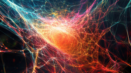 This stunning abstract digital artwork showcases vibrant threads and glowing connections forming a mesmerizing swirl, creating a captivating visual experience that invokes creativity and imagination.の素材