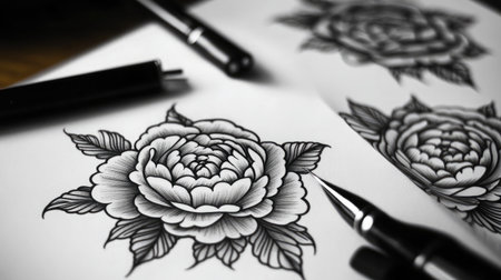 Beautifully detailed black and white floral sketches of peony roses on paper, ideal for creative projects, showcasing intricate lines and textures designed to inspire artistry.の素材