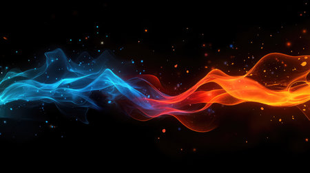This mesmerizing abstract artwork features flowing waves in blue and orange hues, creating a stunning visual experience. Perfect for creative projects and backgrounds.の素材