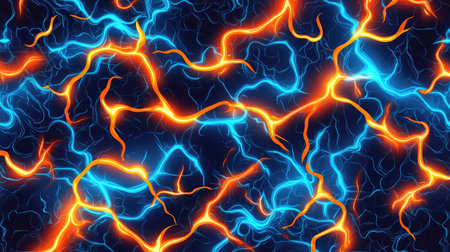 This abstract image features glowing electric lines in vibrant blue and orange, creating a mesmerizing energy flow pattern against a dark background, ideal for various design projects.の素材