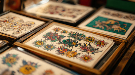 A captivating display of colorful tattoo flash art showcasing intricate floral designs on quality paper, elegantly framed for an artistic touch and perfect for any decor.の素材