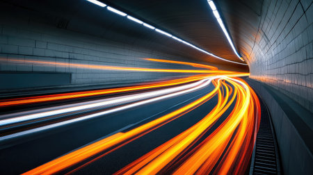 Captivating long exposure shot of vibrant light trails in a tunnel, illustrating motion and speed, representing urban life and modern infrastructure artistry.の素材