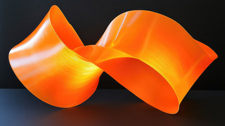 Striking abstract orange sculpture showcases dynamic movement and fluidity against a dark backdrop, ideal for artistic projects, modern design inspiration, and distinctive decor.の素材