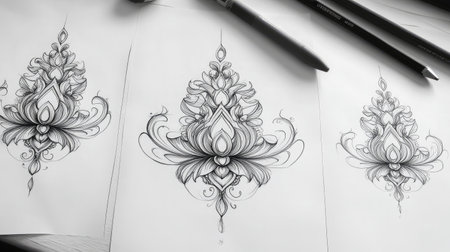 This image features intricate black and white floral sketches showcasing ornate patterns and designs, accompanied by drawing tools, perfect for art and design lovers.の素材