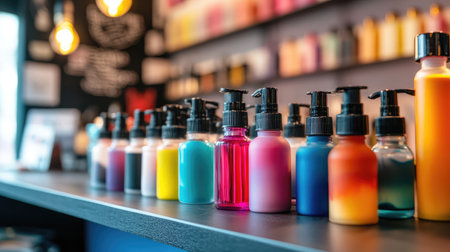 A stunning arrangement of colorful paint bottles in various sizes and shades displayed on a shelf in a creative studio, perfect for art inspirations and design projects.の素材