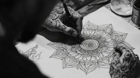 Close-up view of an artist's hands drawing a detailed mandala design on paper, showcasing the intricate tattoo work and creativity in a striking black and white style.の素材