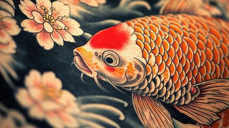 A stunning close-up of a vivid koi fish gracefully swimming among delicate cherry blossoms, showcasing intricate details, vibrant colors, and artistic flair ideal for nature and art enthusiasts.の素材